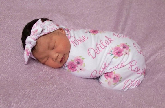 SALE Personalized Baby Blanket, Floral Print Swaddle, Name Blanket, Baby Girl Receiving Blanket, Shower Gift *Hat and Headband Separate*