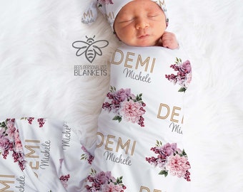 Personalized Baby Blanket, Floral Print Swaddle, Name Blanket, Baby Girl Receiving Blanket, Shower Gift *Hat and Headband Separate*