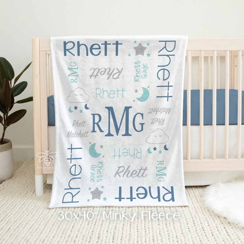 SALE Personalized Baby Blanket, Moon and Stars Baby Name Swaddle, Moon and Back, Dream Cloud, Little Star Nursery, Baby Shower Gift FMS19 For a BOY
