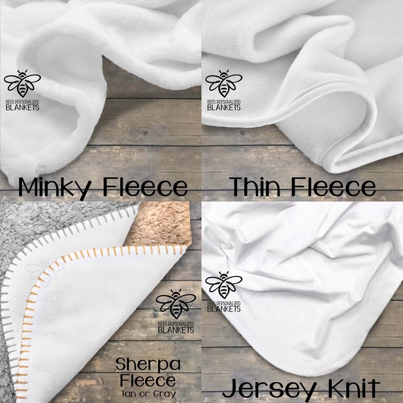 May include: Four different types of fleece blankets are shown. The blankets are folded and displayed on a wooden surface. The blankets are labeled "Minky Fleece", "Thin Fleece", "Sherpa Fleece Tan or Gray", and "Jersey Knit".