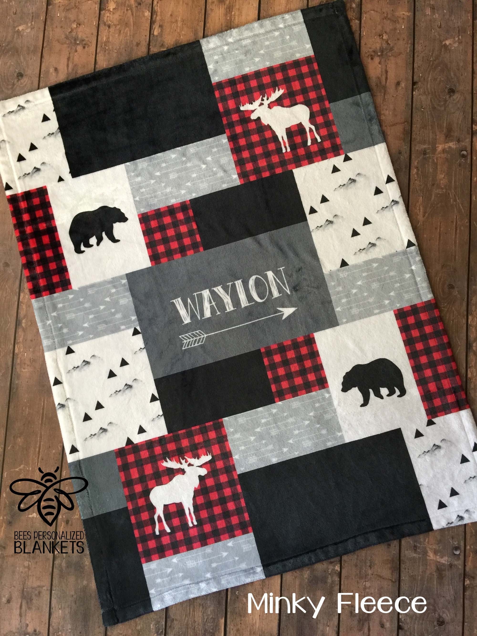 SALE Personalized Baby Blanket, Quilt Print, Red Black Buffalo Plaid,…