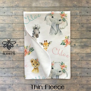 Personalized Baby Blanket, Baby Girl Elephant, Tropical Safari Themed, Lion, Giraffe, Zebra, Safari Animals, Custom Name Blanket #SS820