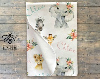 SALE Personalized Baby Blanket, Baby Girl Elephant, Tropical Safari Themed, Lion, Giraffe, Zebra, Safari Animals, Custom Name Blanket #SS820