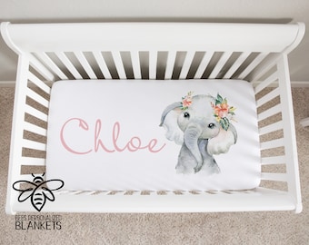 SALE Personalized Crib Sheet, Baby Elephant, Tropical Safari Theme, Custom Fitted Crib Sheet, 28" x 52" Standard Crib Sheet, Poly-Stretch