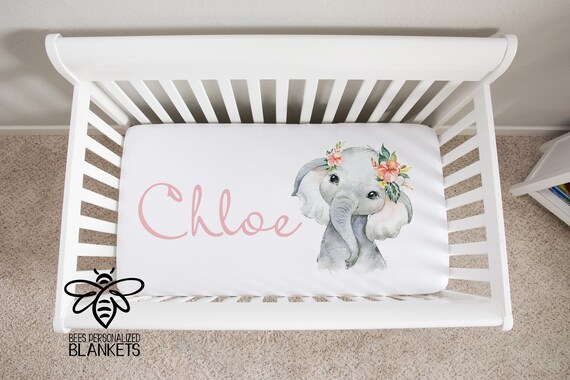 Personalized Crib Sheet, Baby Elephant, Tropical Safari Theme, Custom Fitted Crib Sheet, 28" x 52" Standard Crib Sheet, Poly-Stretch