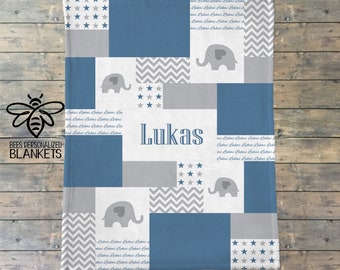 SALE Personalized Baby Blanket, Quilt Print, Elephant Blanket, Elephant Nursery, Safari Nursery, Fleece Blanket, Baby Girl, Baby Boy