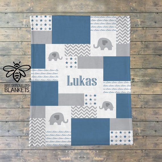 SALE Personalized Baby Blanket, Quilt Print, Elephant Blanket, Elephant Nursery, Safari Nursery, Fleece Blanket, Baby Girl, Baby Boy