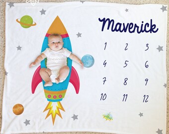 SALE Personalized Spaceship Milestone Blanket, Monthly Photo Rocket Ship Blanket, Outer Space Moon and Stars, Rocket Man, Solar System #MS23