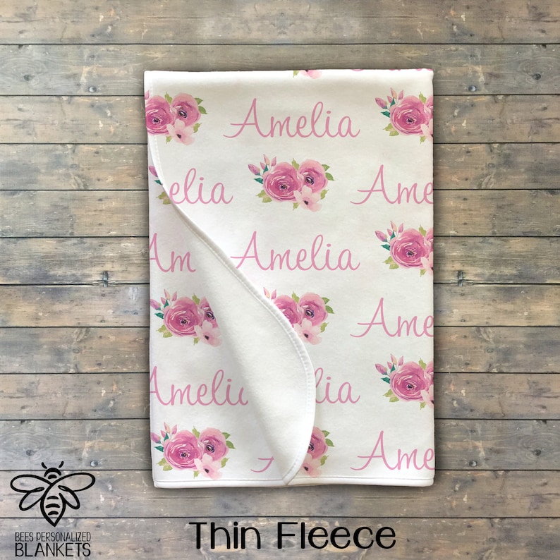 SALE Personalized Baby Blanket Floral Print Swaddle Name Thin FLEECE 29x39