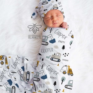 Personalized Baby Little Trucks Blanket, Dump Truck Tractor Excavator Bulldozer Construction, Baby Name Blanket, Baby Boy Nursery #T222