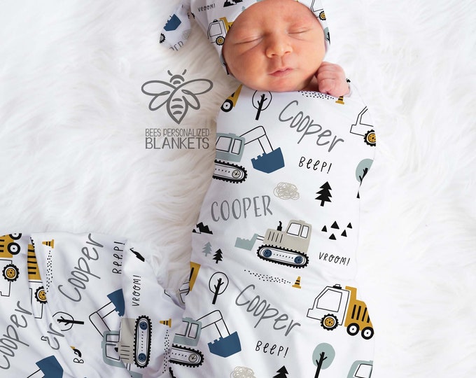 Personalized Baby Trucks Blanket, Dump Truck Tractor Excavator Bulldozer Construction Site, Baby Name Blanket, Baby Boy, Truck Nursery