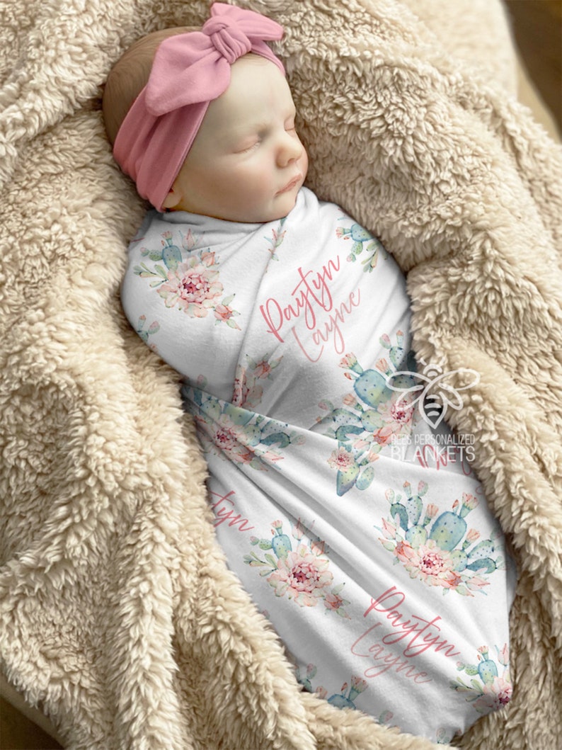 SALE Personalized Cactus Baby Blanket, Succulents, Cactus Theme Baby Girl Nursery Blanket, Custom Print Name Blanket, Best Baby Gift, SNC23 image 3