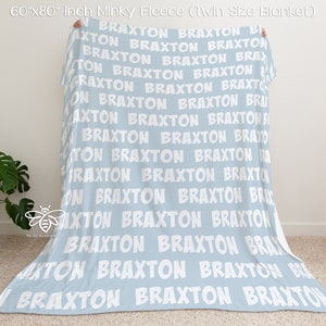 May include: A light blue minky fleece blanket with the name "Braxton" repeated in white across the fabric. The blanket is 60 inches by 80 inches and is a twin size.
