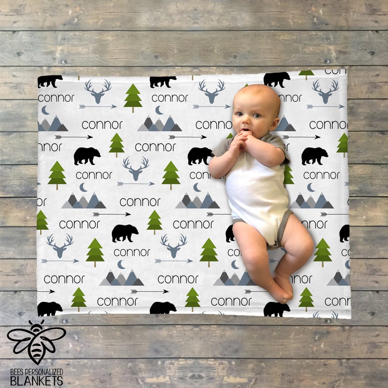 SALE Personalized Baby Blanket, Personalized Swaddle, Baby Name Blanket, Adventure Theme, Mountains, Little Bear, Deer, Arrow, Trees BMT19 image 6