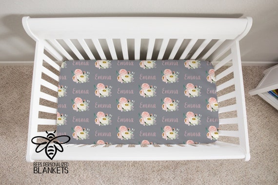 Personalized Crib Sheet, Floral Print Custom Fitted Crib Sheet, 28" x 52" Standard Crib Sheet, Poly-Stretch Jersey Knit Material