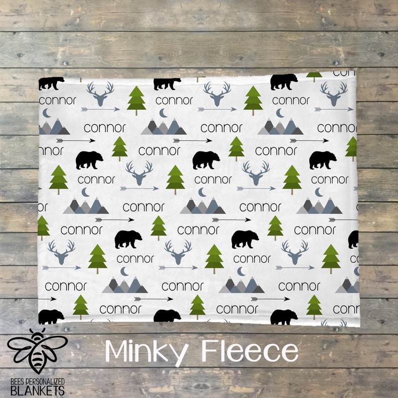 SALE Personalized Baby Blanket, Personalized Swaddle, Baby Name Blanket, Adventure Theme, Mountains, Little Bear, Deer, Arrow, Trees BMT19 image 3