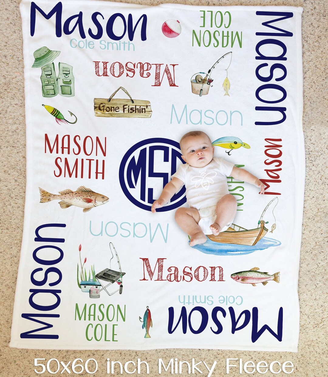 Personalized Fishing Baby Blanket, Gone Fishin' Baby Blanket, Gone