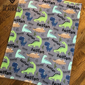 SALE Personalized Baby Blanket, Dino T-Rex Roar Name Blanket, Dinosaur Blanket, Dino Blanket, Dino Party Gift, Dinosaur Theme, D919 MINKY Fleece 30x40