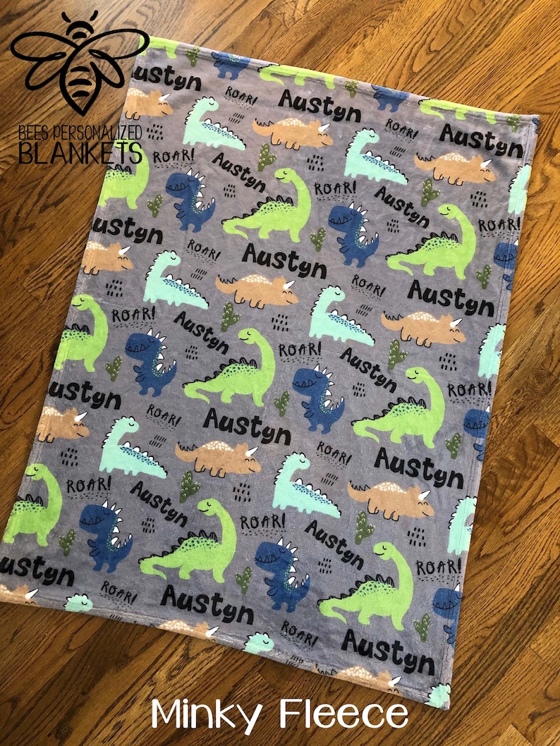 SALE Personalized Baby Blanket, Dino T-Rex Roar Name Blanket, Dinosaur Blanket, Dino Blanket, Dino Party Gift, Dinosaur Theme, D919 MINKY Fleece 30x40