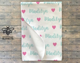 SALE Personalized Heart Baby Blanket, Baby Name Swaddle Blanket, Baby Girl, Boy, Hospital Receiving Blanket, *Hat and Headband Separate*