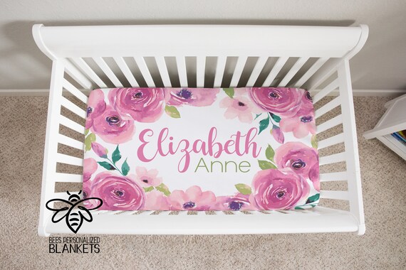 SALE Floral Print Personalized Crib Sheet, Custom Crib Sheet, 28" x 52" Standard Crib Sheet,  24" x 38" Mini Crib Sheet, Poly-Stretch