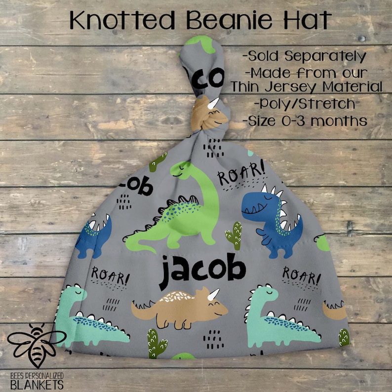 SALE Personalized Baby Blanket, Dino T-Rex Roar Name Blanket, Dinosaur Blanket, Dino Blanket, Dino Party Gift, Dinosaur Theme, D919 Knotted BEANIE Hat