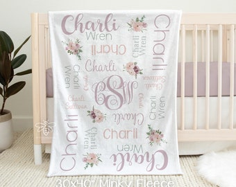 SALE Personalized Baby Blanket, Pale Pink Flower Blanket, Floral Monogram, Mauve Pink Flower Nursery, Baby Girl Flower Blanket #FNF20