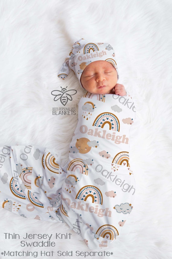 Personalized Vintage Rainbow Neutral Baby Blanket, Baby Name Swaddle Blanket Girl Boy *Hat and Headband Separate* - Oakleigh #SN222