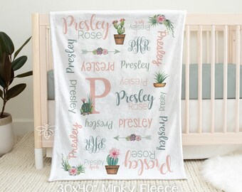 SALE Personalized Baby Blanket, Boho Cactus Floral Monogram Blanket, Boho Nursery, Cactus Succulent Blanket Monogram, Baby Girl Blanket