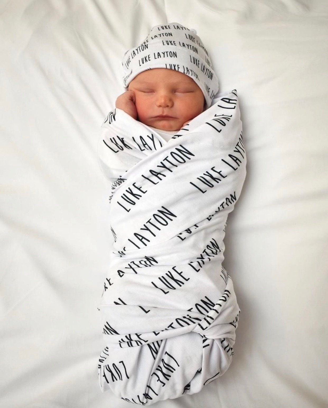 Sale personalized baby blanket baby name swaddle blanket newborn baby girl baby boy hospital receiving blanket knotted beanie hat