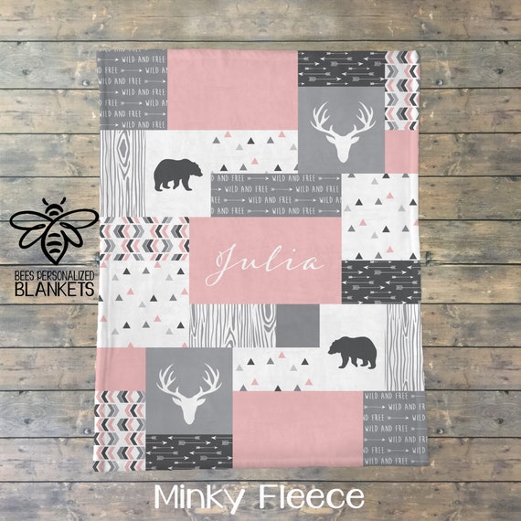Personalized Baby Blanket, Quilt Print, Baby Name Fleece Blanket, Woodland Forest Friends, Wild And Free, Little Bear, Little Deer