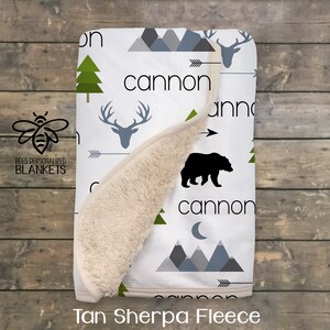 SALE Personalized Baby Blanket, Personalized Swaddle, Baby Name Blanket, Adventure Theme, Mountains, Little Bear, Deer, Arrow, Trees BMT19 image 4