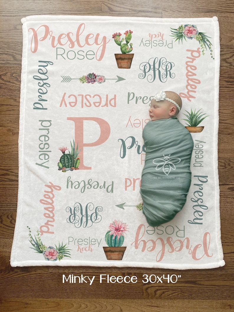 VENTA Manta de bebé personalizada, manta de monograma floral de cactus boho, vivero boho, monograma de manta suculenta de cactus, manta de niña imagen 3