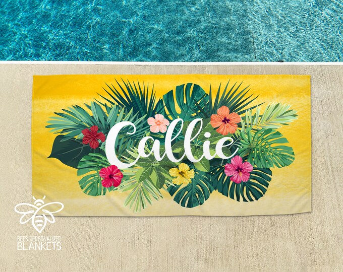 Personalized Tropical Floral Monogram Beach Towel, Flower Print Towel, Monogram Towel, Teacher, Mom, Bridesmaid, Birthday, Friend
