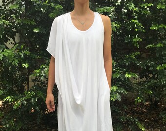 Vtg 70s moroccan rayon white grecian drape convertible dress small