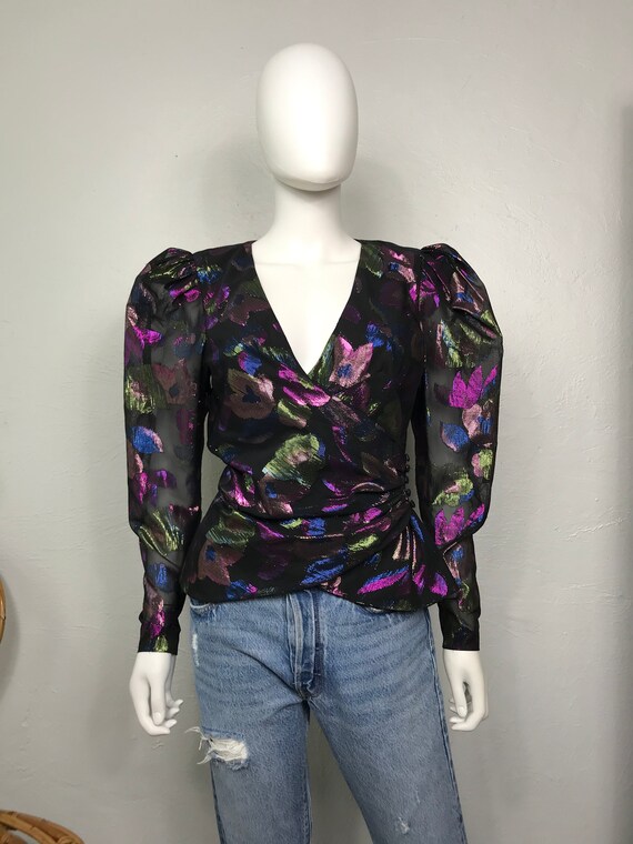 Vtg 80s floral metallic avant garde puff sleeve dr