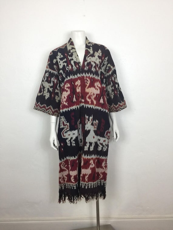 Vtg 70s cotton ikat fringe ethnic caftan dress sma