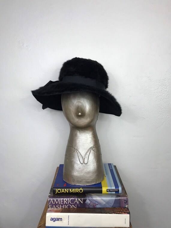 Vtg black mohair? fuzzy wide brim fedora with gros