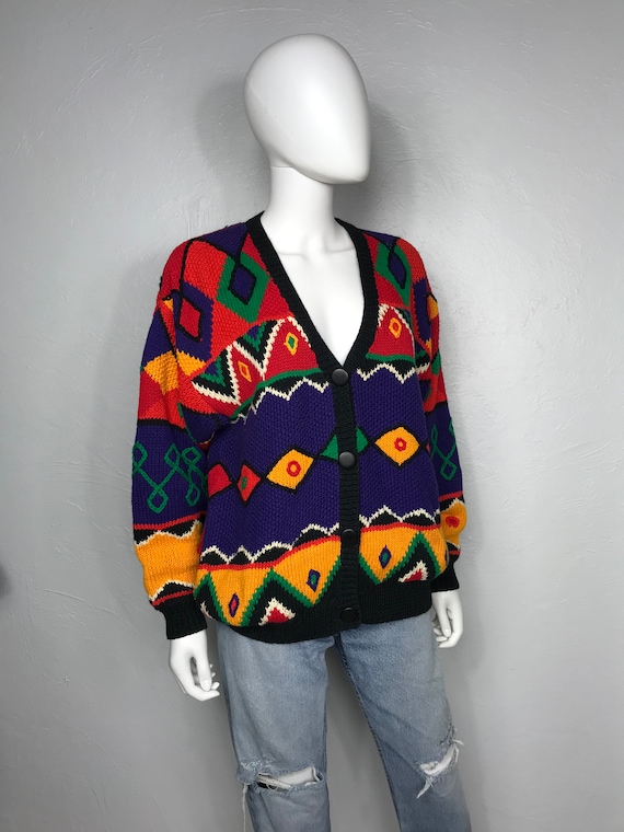 Vtg 80s colorful rainbow patchwork cardigan sweate