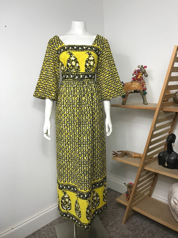 Vtg 70s bell sleeve boho hippie maxi print dress s