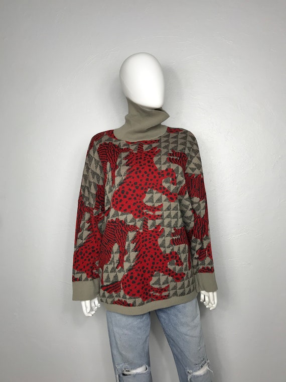 Vtg 80s Chacok abstract unicorn print knit sweater
