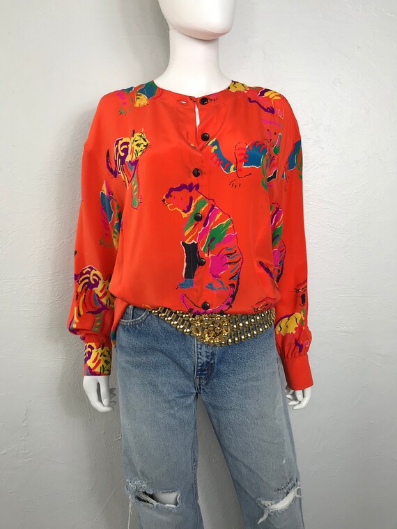 Vtg 80s silk Escada blouse top novelty tiger print