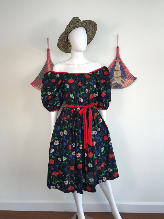Vtg 70s 80s Cotton voile gauze floral puff sleeve