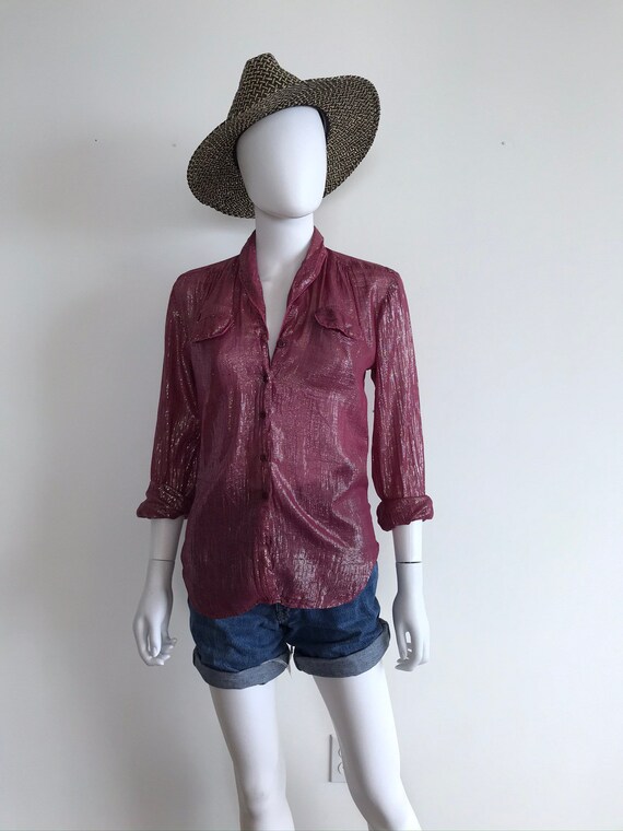 Vtg 70s burgundy cotton gauze lurex India dress sh