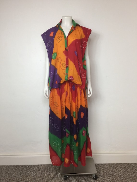 Vtg 70s star of india 2 piece tie dye maxi dress s