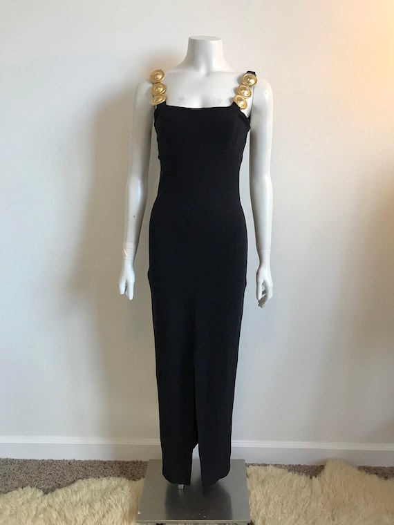 Vtg 80s 90s black and gold body con long slinky dr