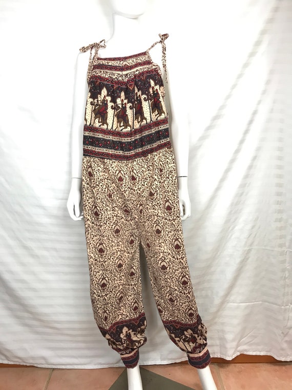 vtg 70s cotton block print Indian print harem jump