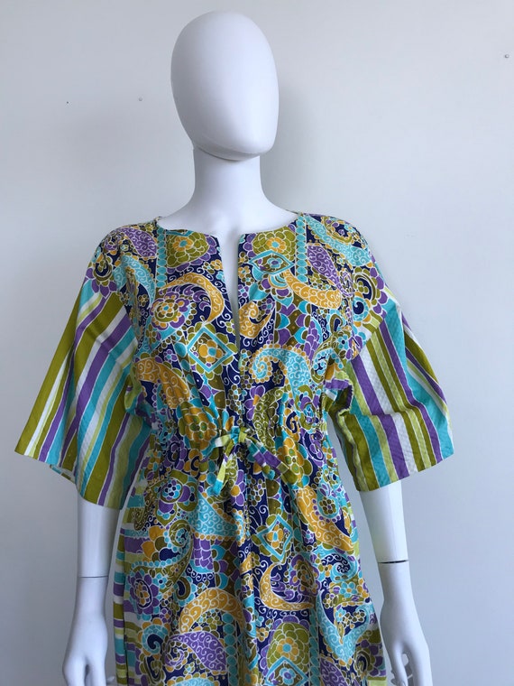 Vtg 70s abstract print cotton caftan maxi dress M