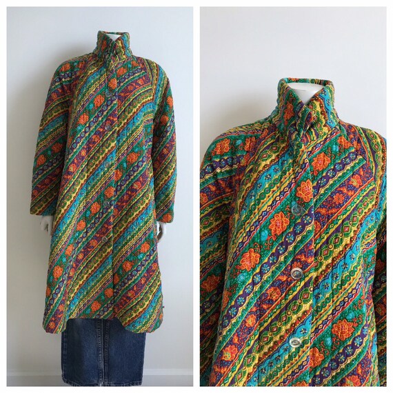 Vtg 60s 70s paisley floral funky quilted rainbow c