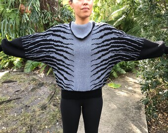 Vtg 80s organically grown tiger print batwing sweater avant garde small